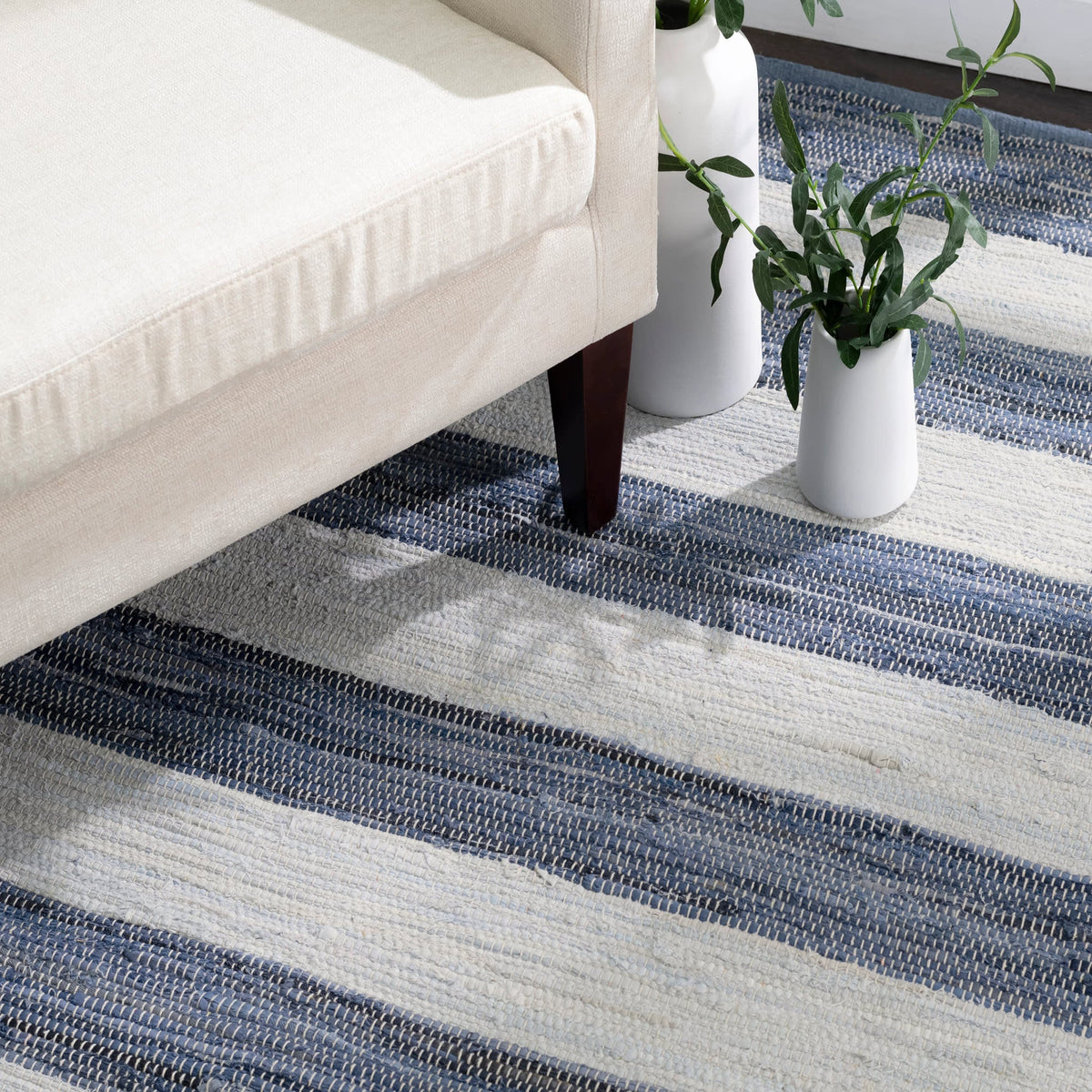 Striped Rag Handwoven Cotton Rug | Denim