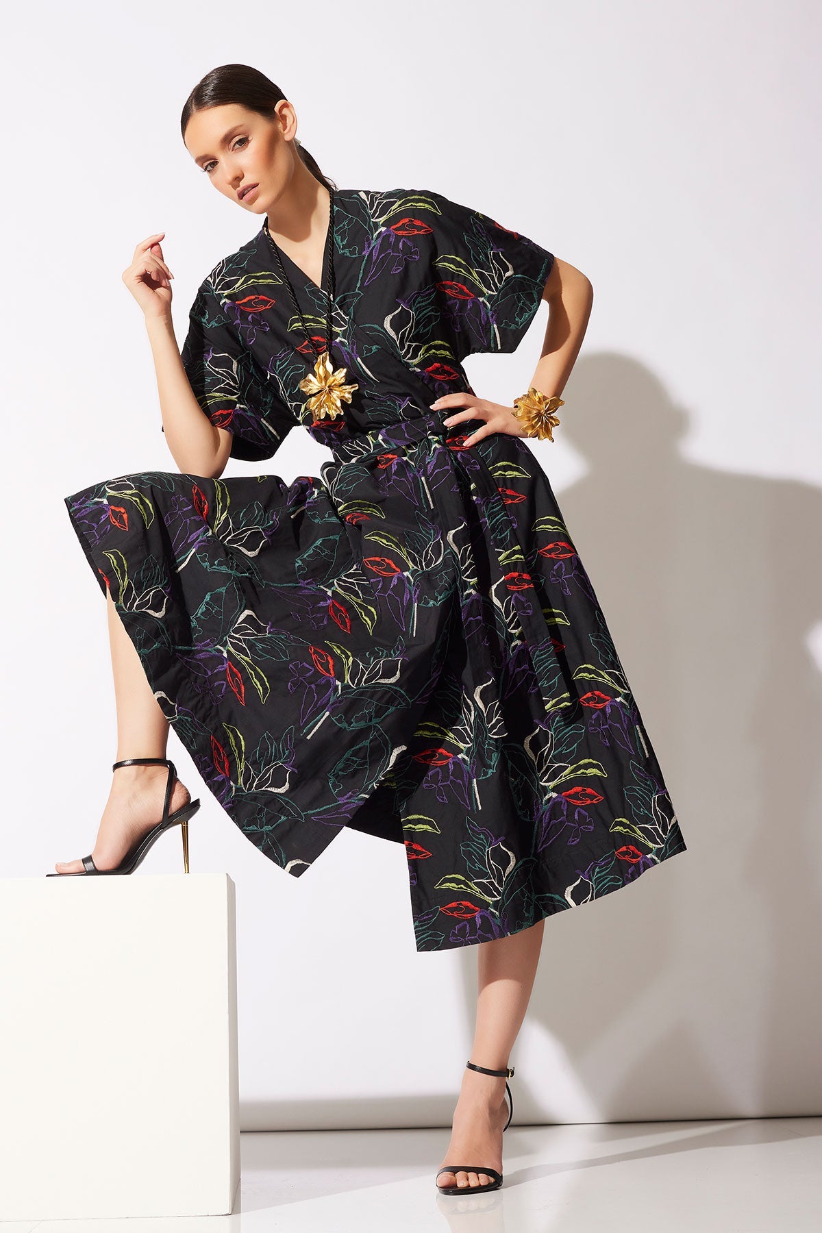 Yoru Embroidered Cotton Poplin Kimono Wrap Dress