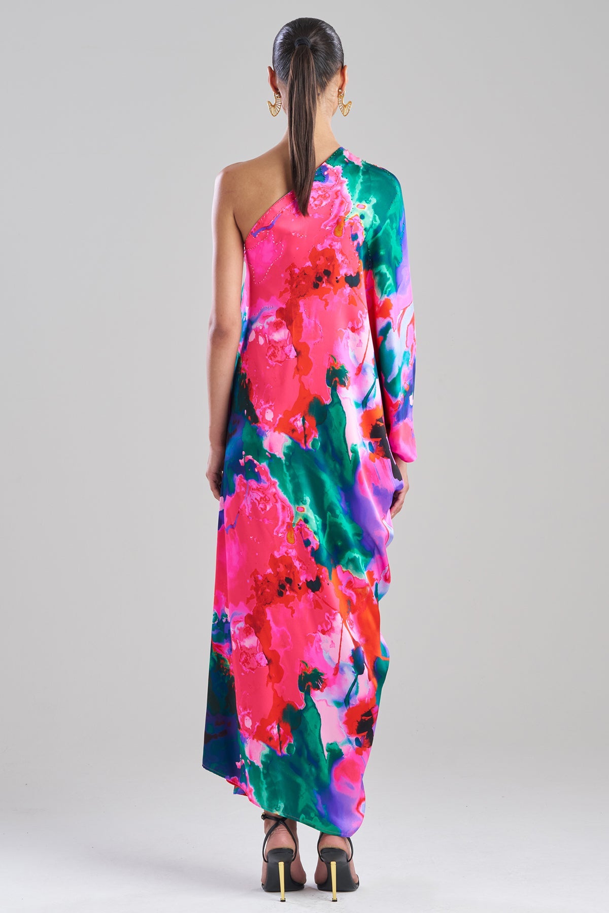 Wild Opal One Shoulder Embroidered Silk Caftan