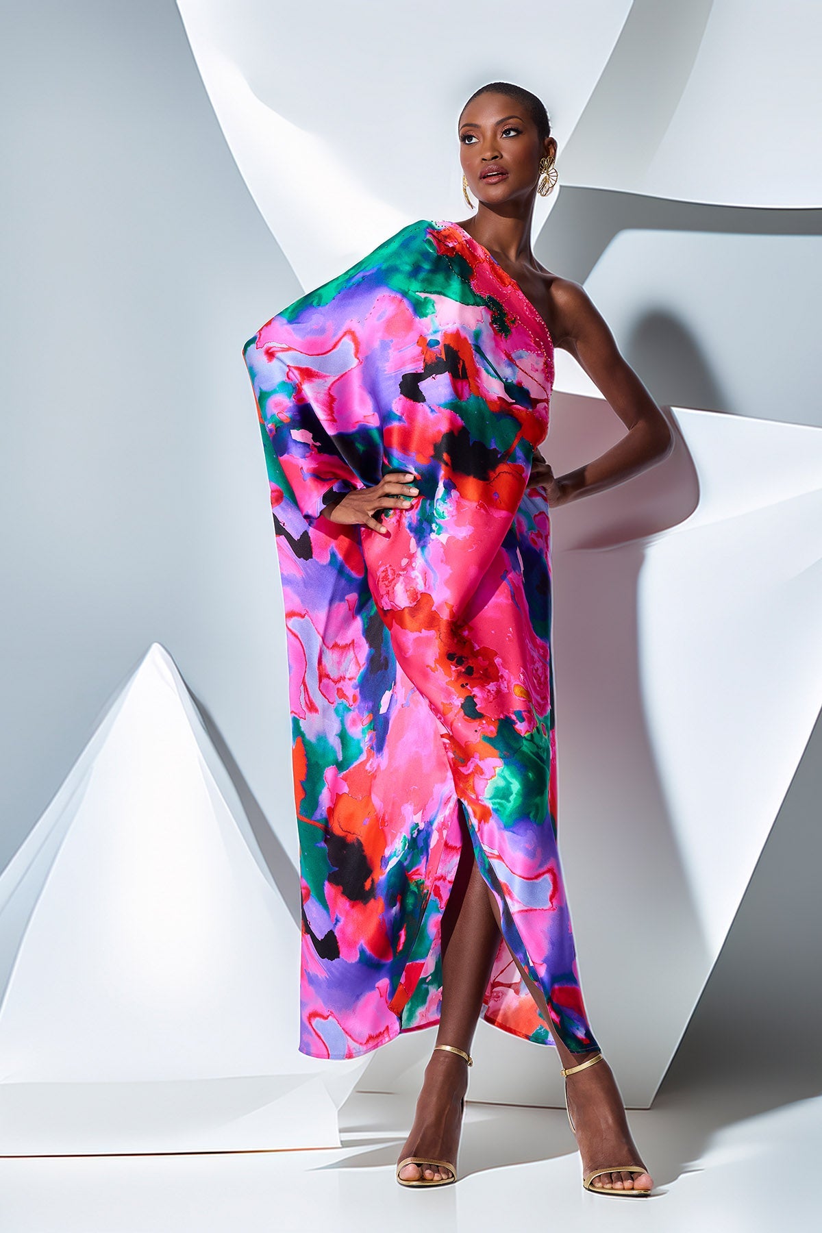 Wild Opal One Shoulder Embroidered Silk Caftan