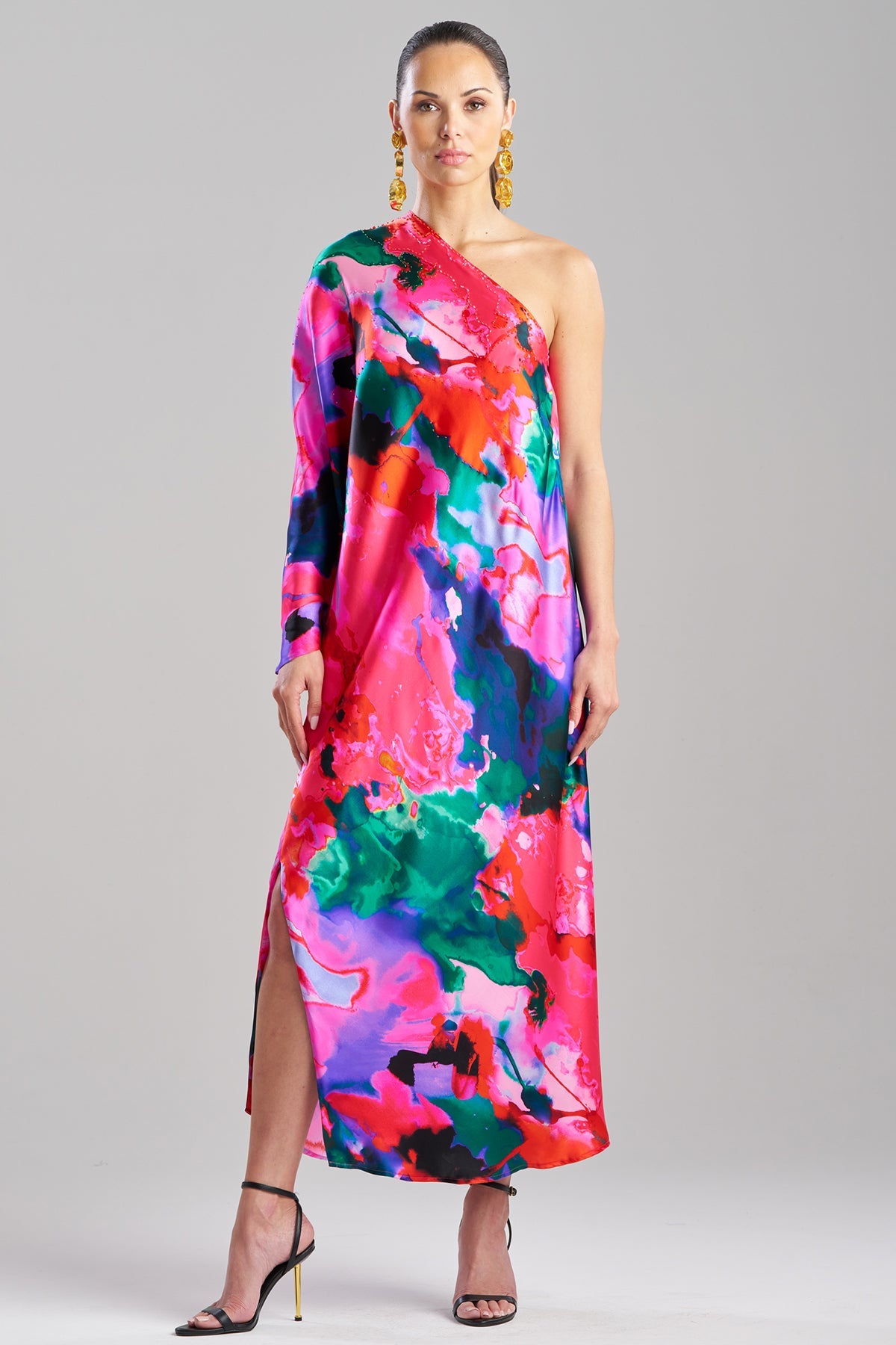 Wild Opal One Shoulder Embroidered Silk Caftan