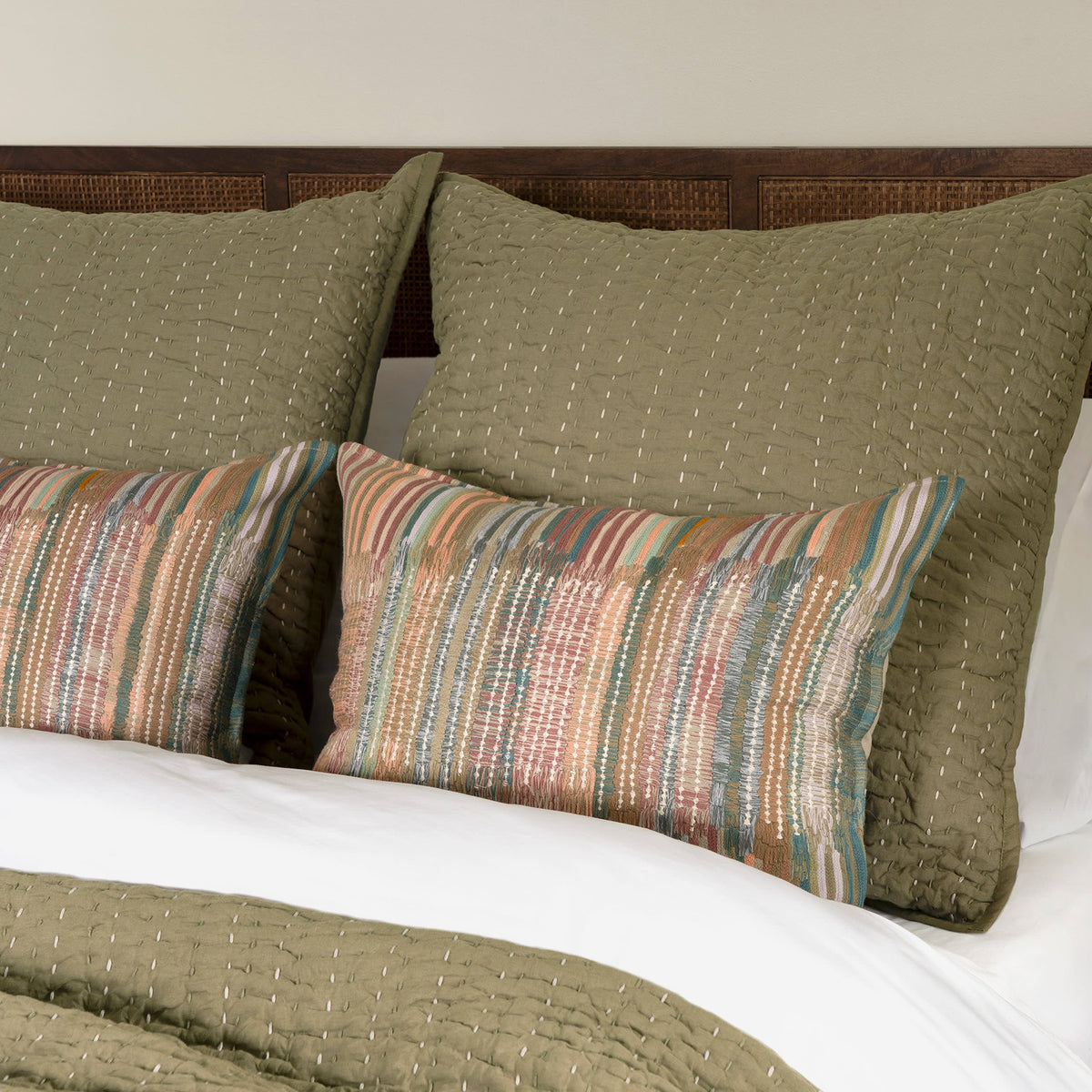 Deepali Kantha Quilted Sham | Olive