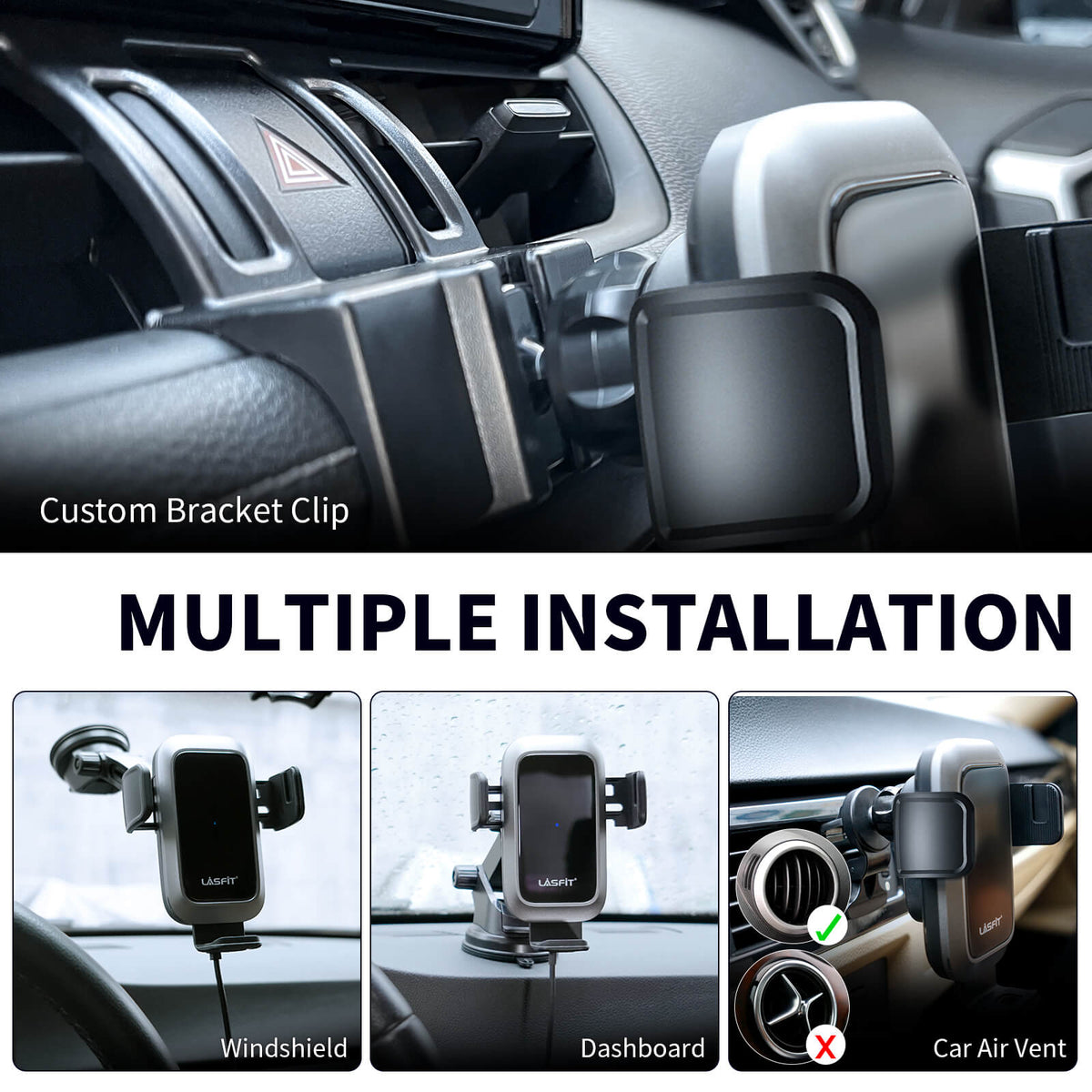 [AC Version] Wireless Car Charger Phone Holder 15W Qi Fast Charging Dash Windshield Air Vent Mount
