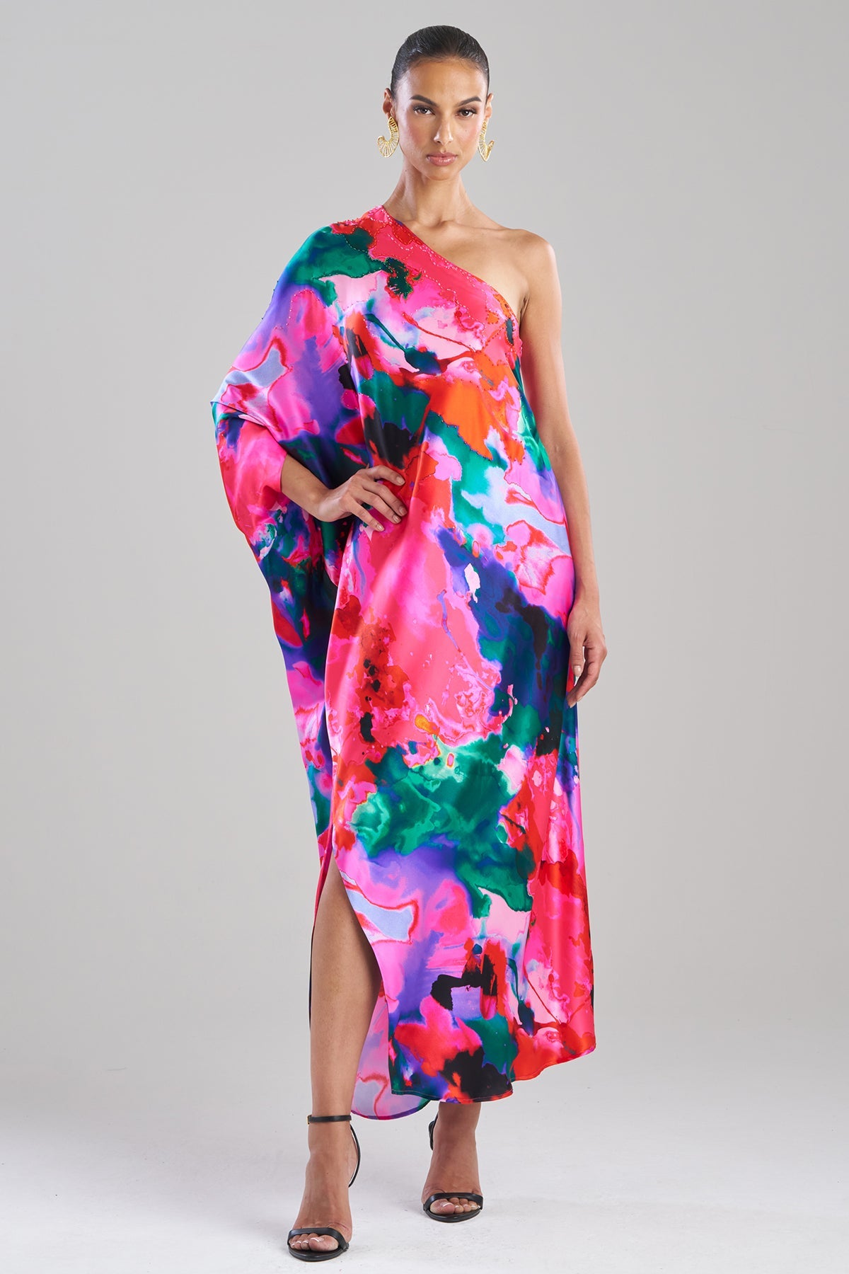 Wild Opal One Shoulder Embroidered Silk Caftan
