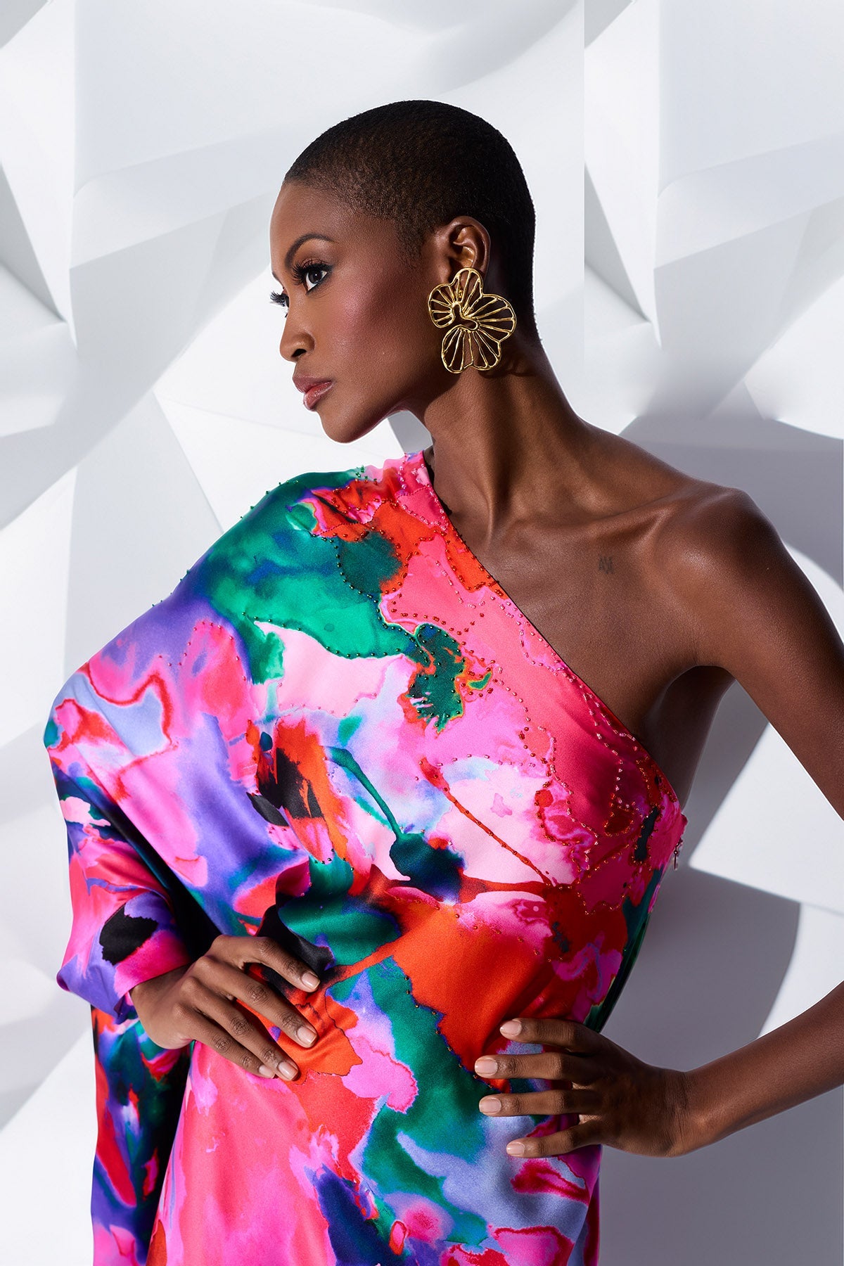 Wild Opal One Shoulder Embroidered Silk Caftan