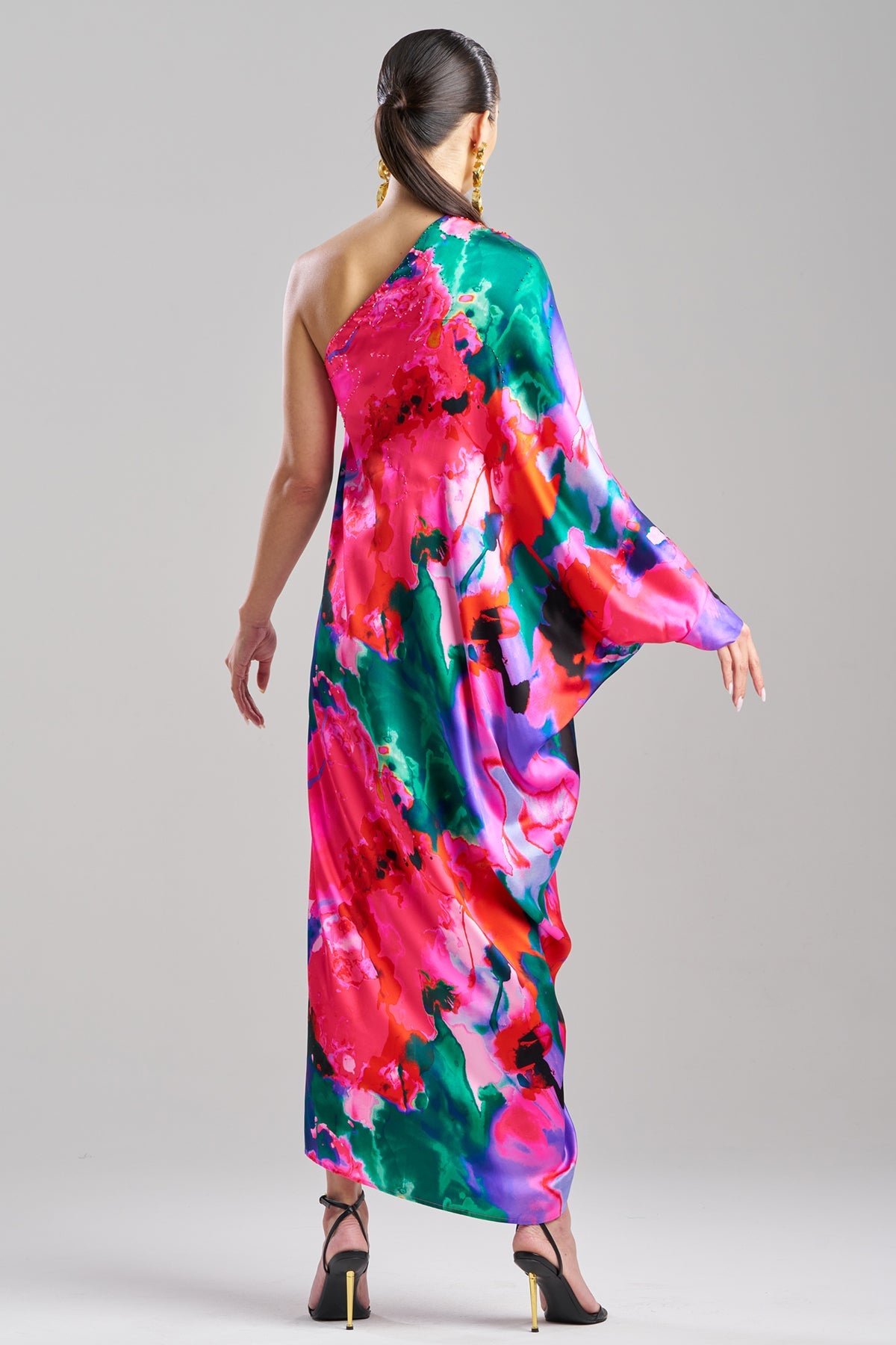 Wild Opal One Shoulder Embroidered Silk Caftan